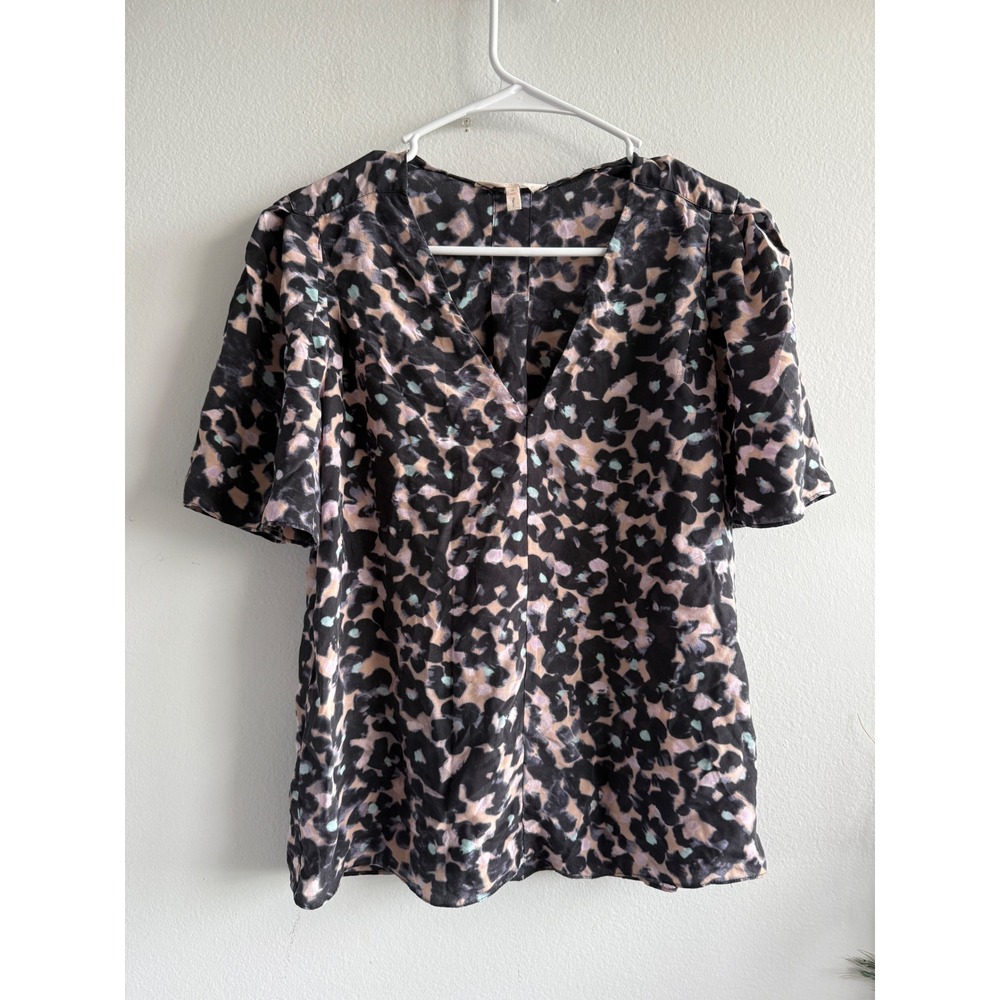 Rebecca Taylor Women Silk Abstract Leopard V-Neck Flutter Sleeve Blouse Black 0‎